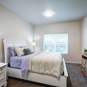A cozy bedroom featuring a comfortable bed, a stylish dresser, and a convenient nightstand.